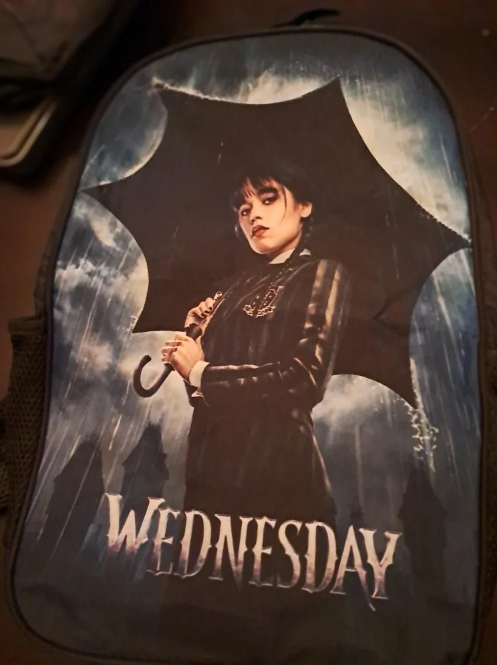Kids Black Graphic Backpack with Wednesday Umbrella Design